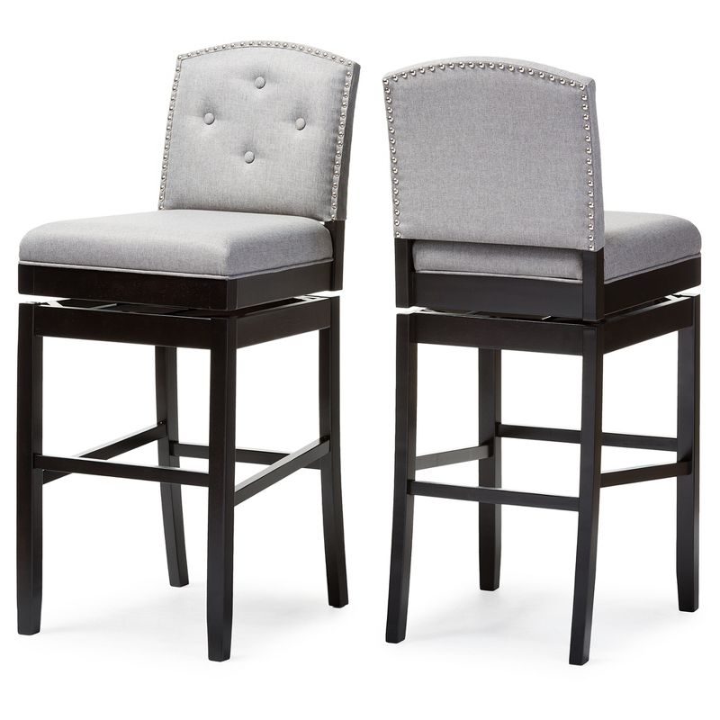 Set of 2 Ginaro Modern and Contemporary Fabric Button Tufted Upholstered Swivel Barstools - Gray - Baxton Studio, 1 of 6
