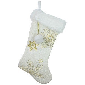Northlight 20" Cream with Gold Snowflakes Christmas Stocking with Faux Fur Cuff - 1 of 4