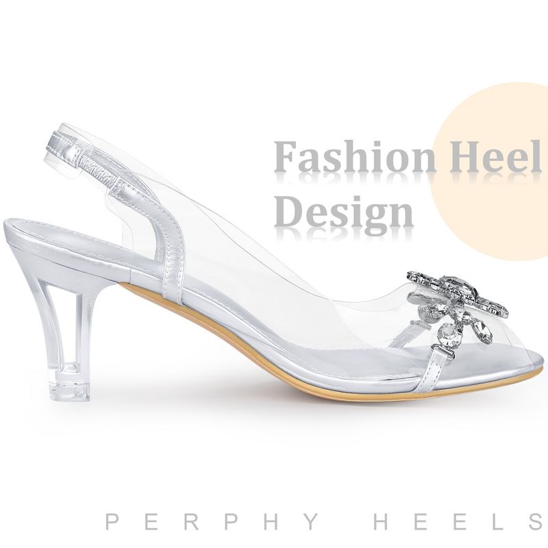 Perphy Women's Peep Toe Flower Rhinestone Slingback Clear Chunky Heels Sandals, 4 of 5