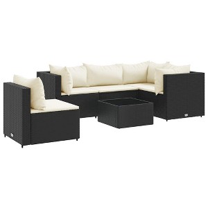 vidaXL Patio Lounge Set with Cushions Sectional Sofa Garden Backyard Poly Rattan - Black and Cream 3x Corner + 2x Middle + Table - 1 of 4
