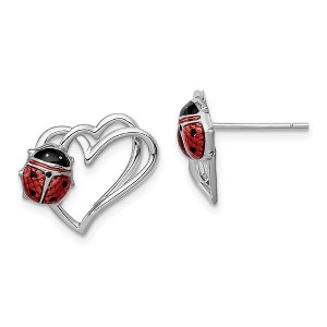 Black Bow Jewelry 15mm Heart and Enameled Ladybug Post Earrings in Sterling Silver - 1 of 4