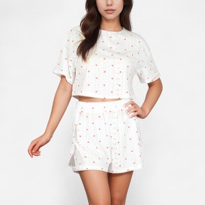 Anna-Kaci Lounge Women's Eyelet Pajama Set with Cropped Short Sleeve Top Embroidered Heart Detail and Elastic Waist Lounge Shorts - 1 of 4