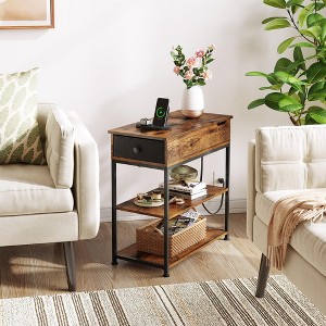 Side Table with 2 USB Ports and 2 Outlets, Flip Top End Table with Drawer and Storage Shelves, End Stand with Charging Station - 1 of 4
