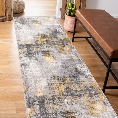 Yellow and Gray Abstract Synthetic Runner Rug 2' x 7'