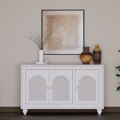 Patrin Distressed White Wooden Sideboard with Carved Doors