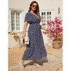 Women Plus Size Maxi Dress V Neck Summer Dress Short Sleeve Long Dress High Waist Ruffle Casual Dress with Belt, Navy Blue Flower, 4XL - 2 of 4