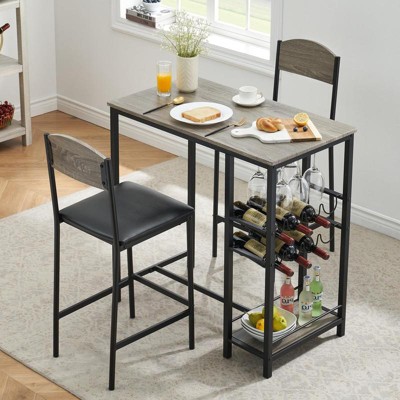 Retro Color/Grey Dining Table Set for 2 - Bar Table with Storage Shelf, Wine Rack, Upholstered Chairs, Perfect for Kitchen or Dining Area