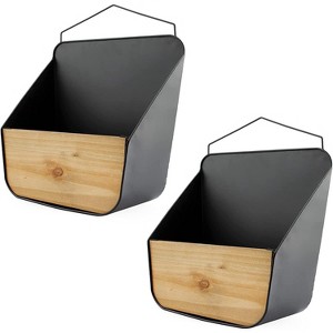 AuldHome Design Wood and Black Metal Wall Pockets 2pk; Boho Farmhouse Decor Vases/Greenery Wall Planters/Baskets/Pocket Shelves - 1 of 4