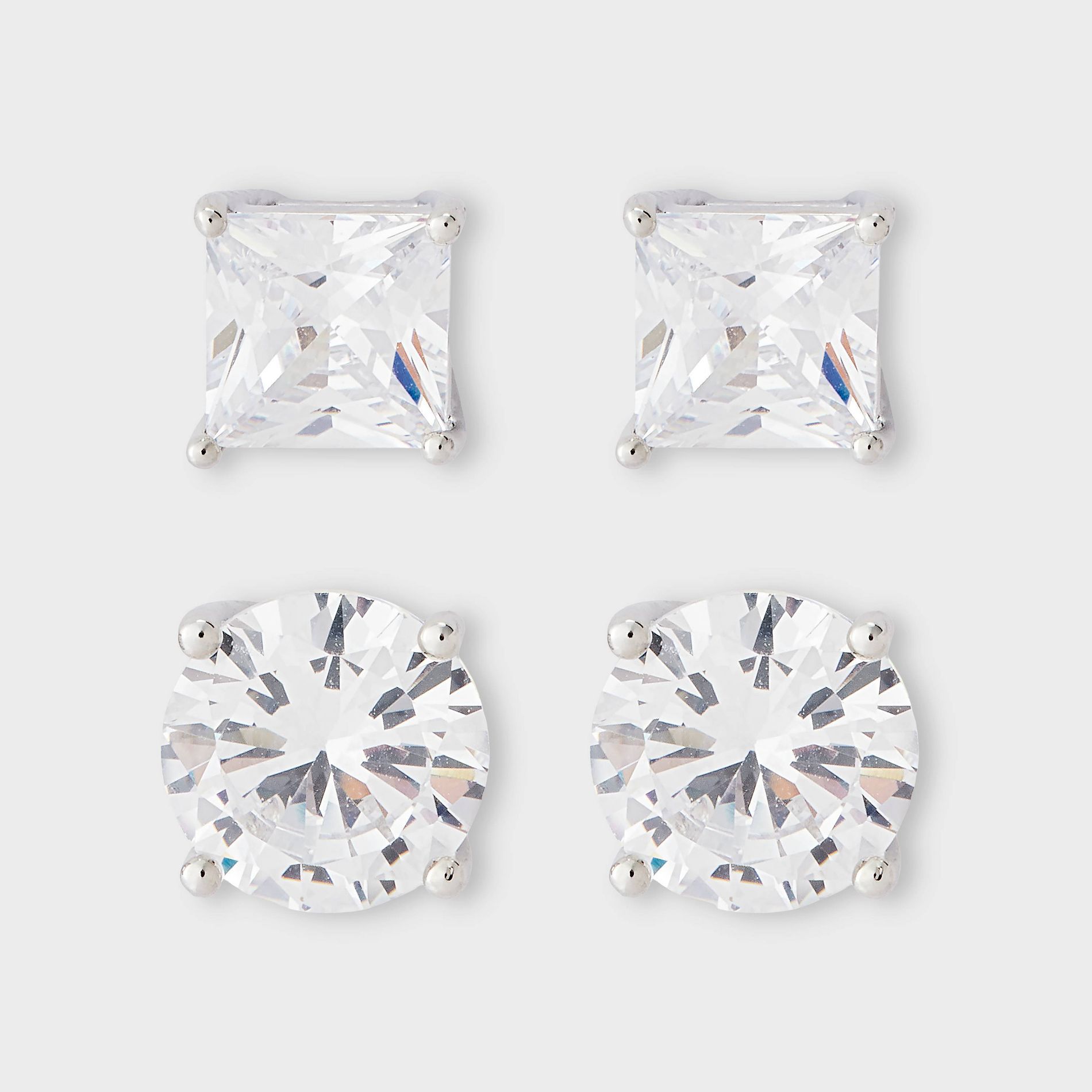 Silver Plated Cubic Zirconia Round & Square Stud Post Earring Set 2pc - A New Day™