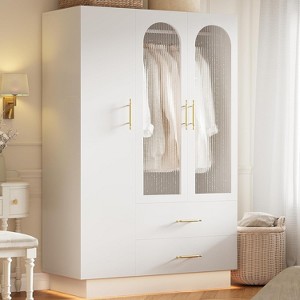 70.07" Tall Storage Cabinet with 3 Doors & 2 Drawers, Modern Large Storage Cabinet with Fluted Glass Door, Hanging Rods, White - 1 of 4