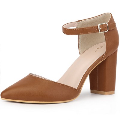 BLISSFUL STEP Women's Ankle Strap Pointy Toe Chunky Heel Pumps