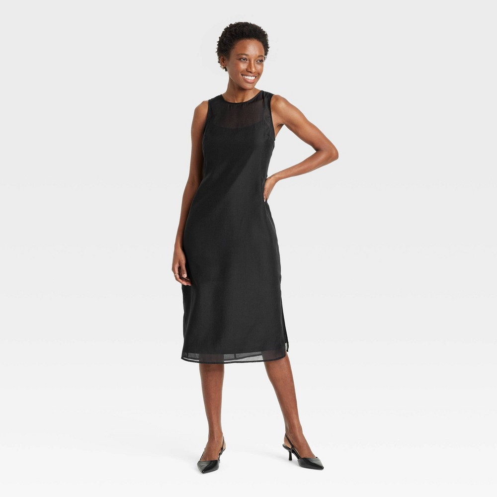 Women's Sheer Organza Midi Shift Dress - A New Day™ Black M: Recycled Polyester, Sleeveless, Crew Neck, Keyhole Back