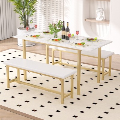 VECELO 3-Piece 63" Extendable Kitchen Table with Benches Chairs, Modern Breakfast Dinette Dining Room Set for 8/6/4, Black/Brown/White