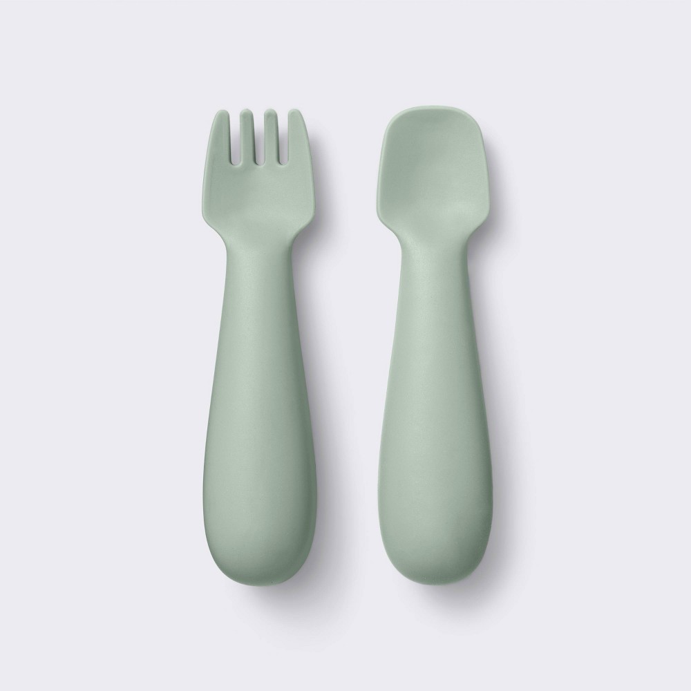 Photos - Glass Silicone Spoon & Fork - 2pc - Green - Cloud Island™