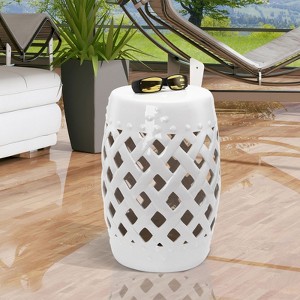 CAVINAS 13"x18" Ceramic Outdoor Small Side Table, Woven Lattice Outdoor Furniture Table, Outdoor Coffee Tables for Garden, Patio - 1 of 4