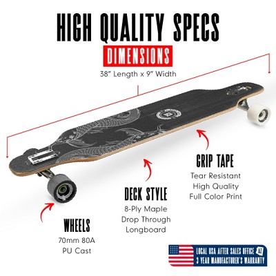 38" Black and White Maple Drop-Through Longboard Skateboard