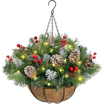 Angel Sar Outdoor Christmas Hanging Basket, Artificial Greenery with LED Lights for Porch Patio Decor, Battery Powered Timer,1Pc