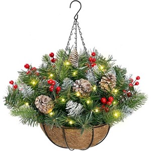 Angel Sar Outdoor Christmas Hanging Basket, Artificial Greenery with LED Lights for Porch Patio Decor, Battery Powered Timer,1Pc - 1 of 4