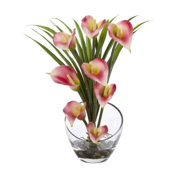 15.5" x 9.5" Artificial Calla Lily and Grass Plant Arrangement in Vase - Nearly Natural