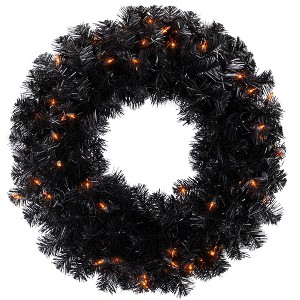 Northlight Pre-Lit Noble Spruce Artificial Halloween Wreath - 24" - Black - Orange Lights - 1 of 4