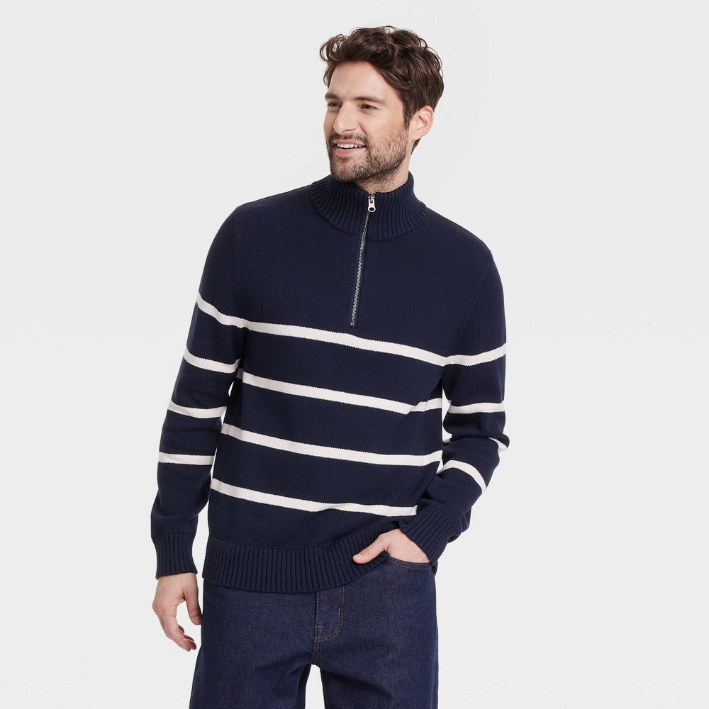 Men's Striped Quarter Zip Sweater - Goodfellow & Co™ Navy Blue L