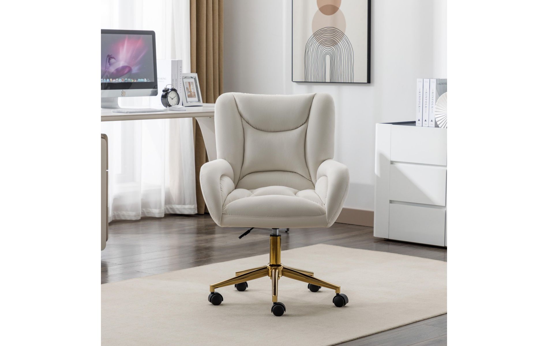 Velvet Fabric 360° Swivel Home Office Chair With Gold Metal Base And Universal Wheels Makeup Vanity Chair Sofa Chairs-Ivory-The Pop Home