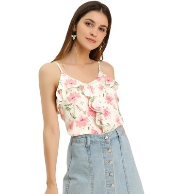 Allegra K Women's Spaghetti Strap Sweet Ruffle Floral Cami Top