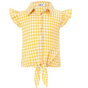 Clearlove Girls Sleeveless Plaid Button Down Shirt Summer Cropped Top with Tie Waist and Ruffled Hem Cute Casual Blouse Yellow 150 - 1 of 4