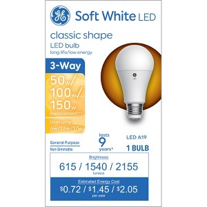 GE 3-Way A19 LED Light Bulb Soft White: 150 Watt Equivalent, 3-Way Settings, Standard E26 Base, 2155 Lumens, 2700K - 1 of 4