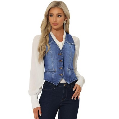 INSPIRE CHIC Women's Denim Sleeveless Collarless Washed Distressed Jean Vest