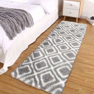 2x8 Soft Runner Rug Modern Plush Graphic Runner White Gray Checkered Runner Non Slip Non Shedding Shag Rug, High Pile Fluffy Plaid Runner for Hallway - 1 of 4