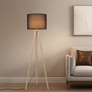 60.5" Scandinavian Tripod Floor Lamp, Solid Wood Base with Linen Drum Shade for Cozy Bedroom, Reading Nook, Living Room & Office Decor - 1 of 4