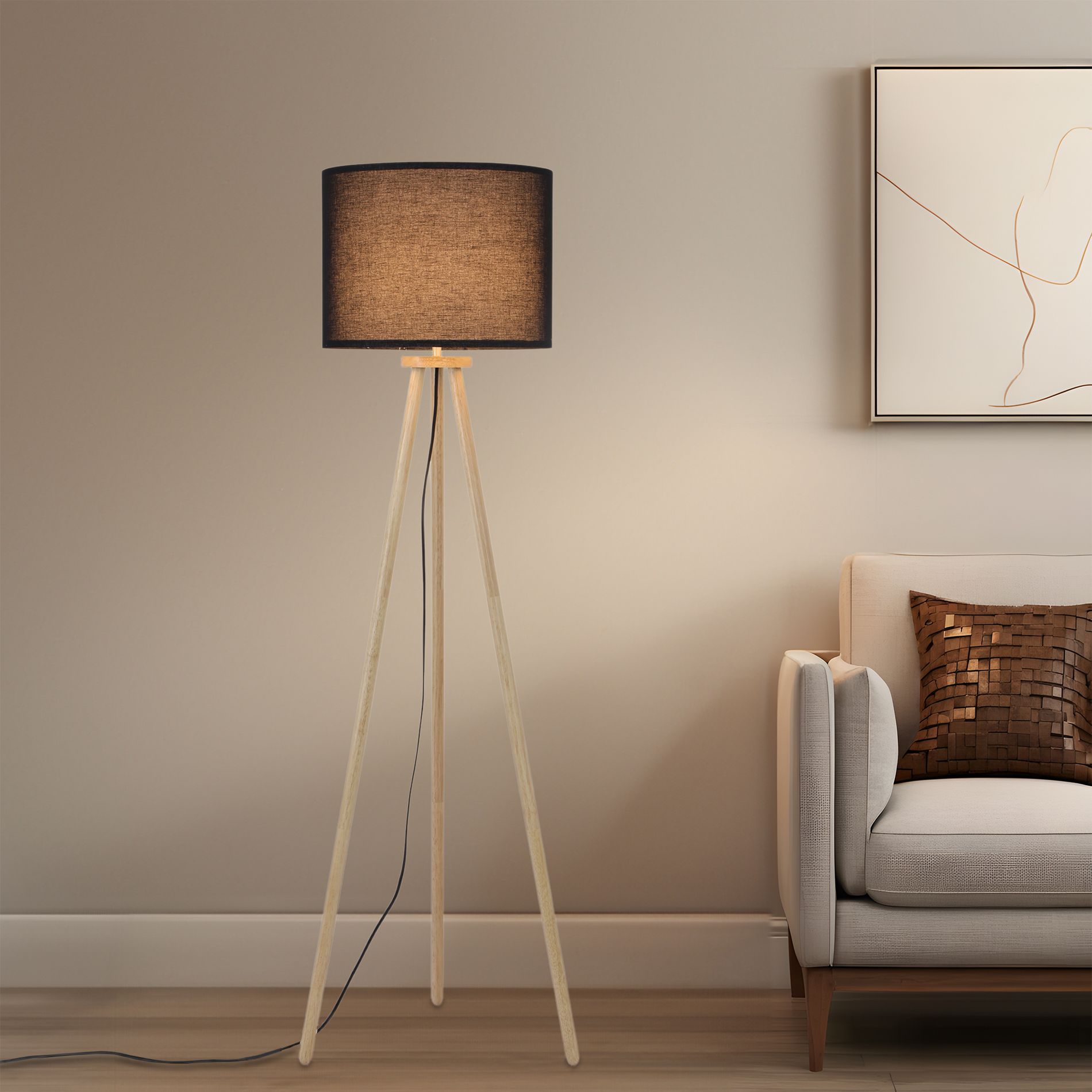60.5" Scandinavian Tripod Floor Lamp, Solid Wood Base with Linen Drum Shade for Cozy Bedroom, Reading Nook, Living Room & Office Decor