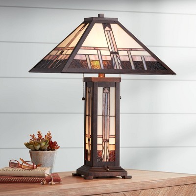 Mission Bronze 28" Table Lamp with Stained Glass Shade and Nightlight