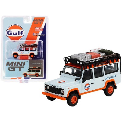 Land Rover Defender 110 with Roof Rack & Accessories "Gulf" Light Blue & Orange 1/64 Diecast Model Car by True Scale Miniatures
