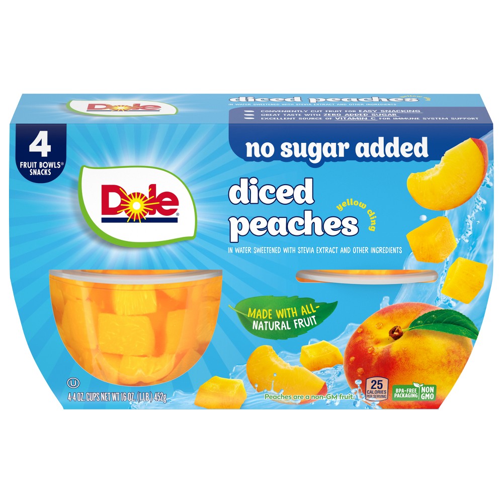 Dole No Sugar Added Diced Peaches Fruit Cups - 16oz/4ct