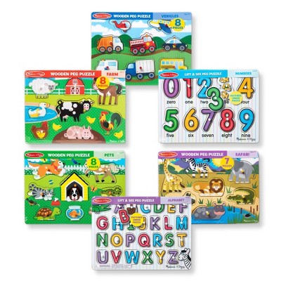 Melissa & Doug Wooden Peg Puzzle 6-pack – Numbers, Letters, 3 Animals ...