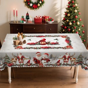 LOVEVOOK Christmas Tablecloth, Waterproof Table Cloth, Snowman Trees Red Washable Table Cover for Party Picnic Dinner Holiday Decor - 1 of 4