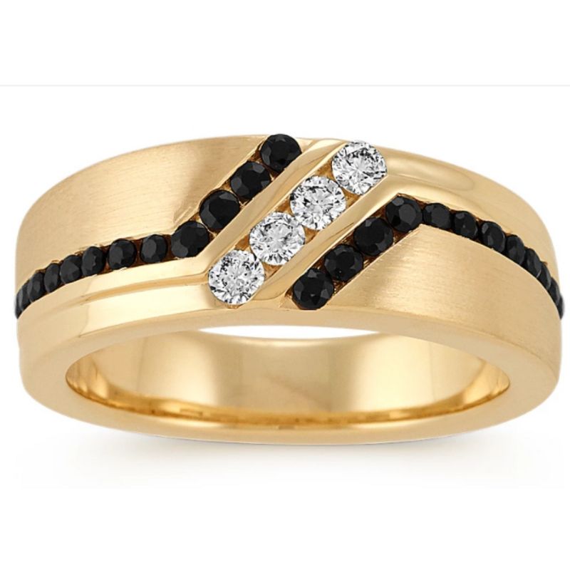 Pompeii3 1 Ct TW Mens Black & White Diamond Wedding Band 10k Yellow Gold Ring, 1 of 5
