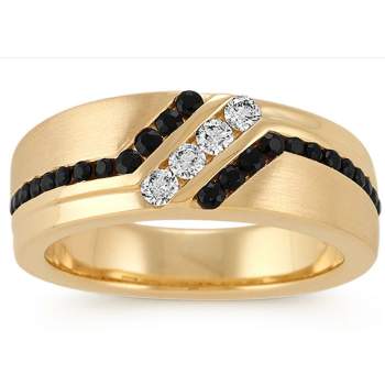 Pompeii3 1 Ct TW Mens Black & White Diamond Wedding Band 10k Yellow Gold Ring