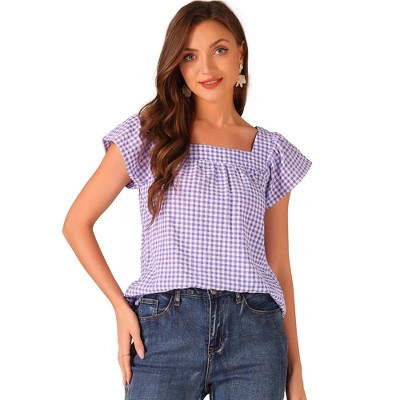 INSPIRE CHIC Women's Summer Square Neck Gingham Cap Sleeve Blouses