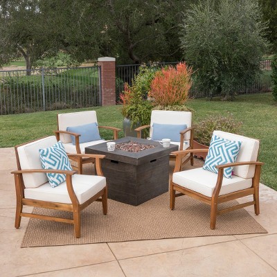 Kourtney 5pc Acacia Wood Club Chairs & Fire Pit - Teak/Cream/Brown - Christopher Knight Home