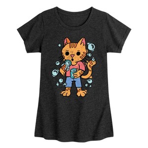 Girls' - Instant Message - Cat Blowing Bubbles Fitted Short Sleeve Graphic T-Shirt - 1 of 4