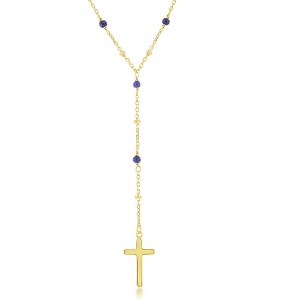 Bella Silver Sterling Silver Lapis & Plain Beads by the Yard Cross Rosary Necklace - Gold Plated - Blue - 16+2 Inch - 1 of 2