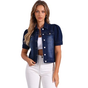 INSPIRE CHIC Women's Casual Short Puff Sleeves Button-Down Jean Denim Jacket - 1 of 4