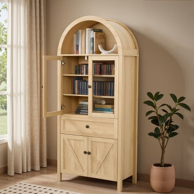 71" Modern Arched Wood Cabinet,Display Cabinet with Adjustable Shelves And Retro Handles,Cabinet For Living Room or Dining Room-Coolbibila