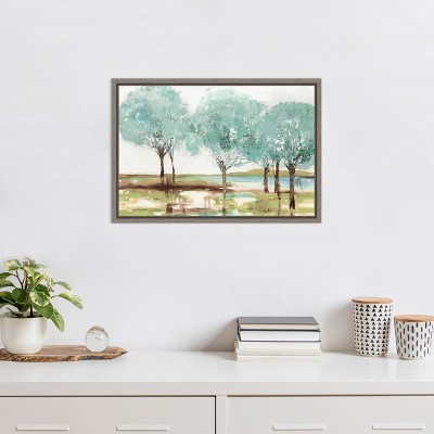Teal Trees Landscape Canvas Wall Art Print in Gray Frame