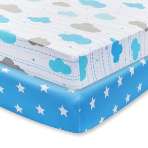 Everyday Kids 2-Pack Boys Fitted Crib Sheets, 100% Jersey Cotton, Celestial Blue Stars & White with Blue Gray Clouds, Fits Standard Crib Mattress - 1 of 4