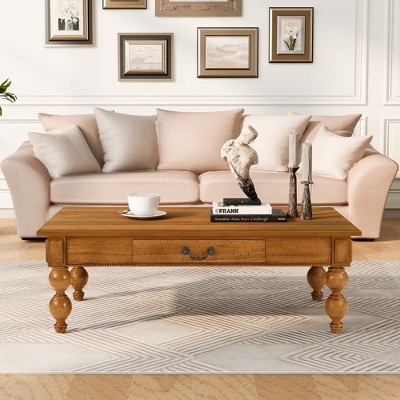 PDTEND Vintage Wooden Coffee Table with Storage Drawer, Solid Wood Gourd Legs & No-Tools Assembly