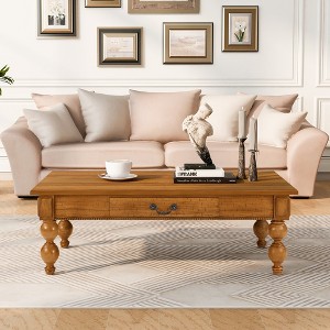 PDTEND Vintage Wooden Coffee Table with Storage Drawer, Solid Wood Gourd Legs & No-Tools Assembly - 1 of 4